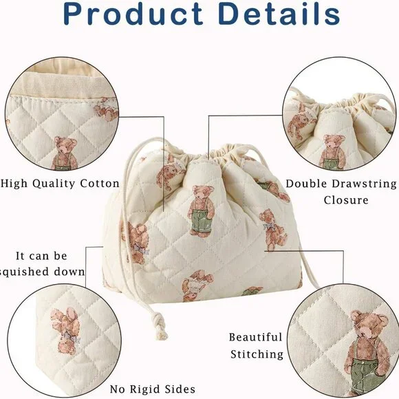 Cotton Quilted Drawstring Makeup Bag with Canvas Lining,Coquette Aesthetic Cute - Picture 4 of 6